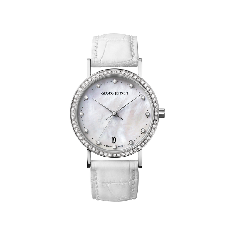 KOPPEL - 32 mm, Quartz, white mother-of-pearl dial, diamond bezel, white alligator strap KOPPEL - 32 mm, Quartz, white mother-of-pearl dial, diamond bezel, white alligator strap