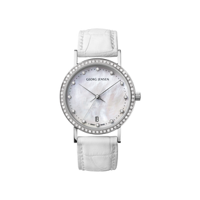 KOPPEL - 32 mm, Quartz, white mother-of-pearl dial, diamond bezel, white alligator strap
