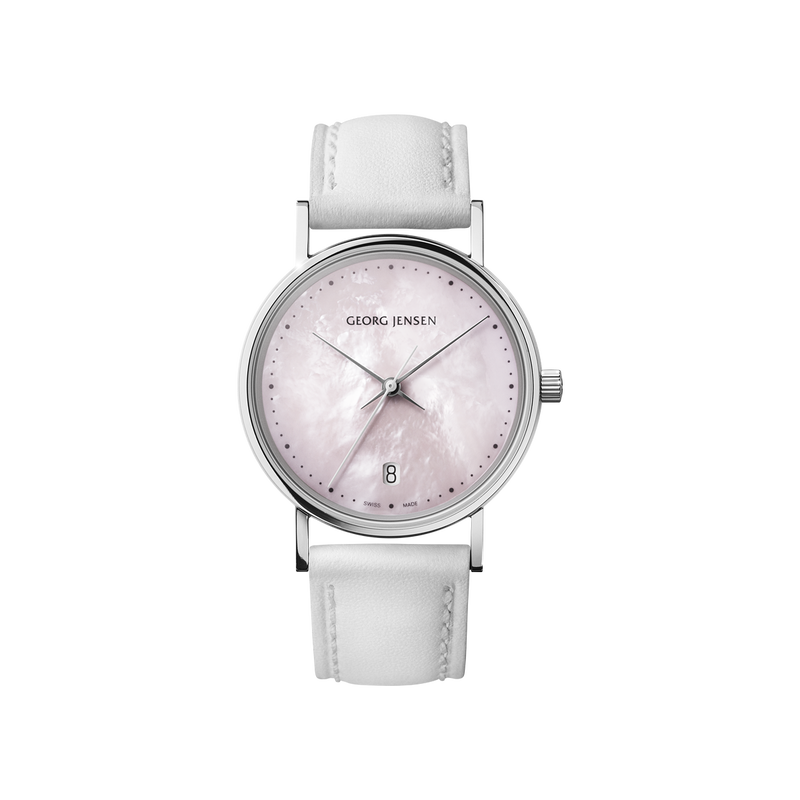 KOPPEL - 32 mm, kvarts, rosa urskive i perlemor, hvid læderrem KOPPEL - 32 mm, kvarts, rosa urskive i perlemor, hvid læderrem