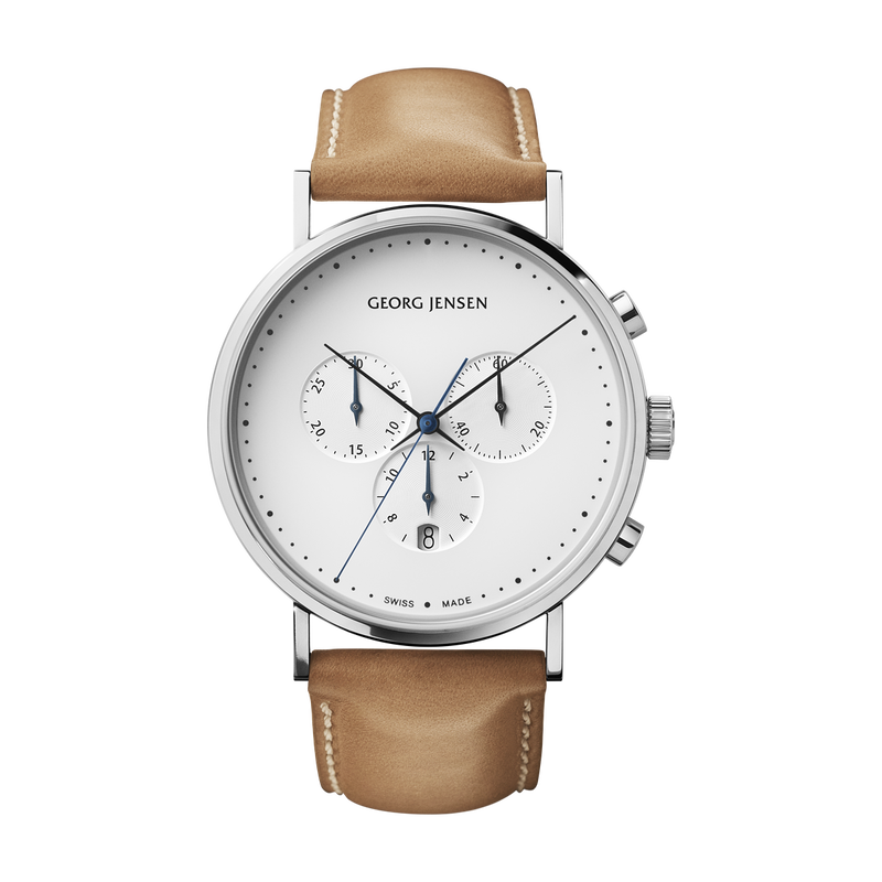 コッペル(KOPPEL) - 41mm、クォーツ、クロノグラフ、ホワイトダイヤル、タンカーフレザーストラップ コッペル(KOPPEL) - 41mm、クォーツ、クロノグラフ、ホワイトダイヤル、タンカーフレザーストラップ