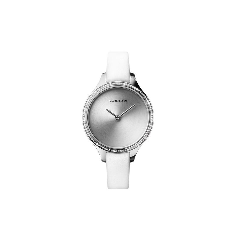 CONCAVE - 30mm, kvarts, sunray urskive, diamantindfatning, hvid læderrem CONCAVE - 30mm, kvarts, sunray urskive, diamantindfatning, hvid læderrem