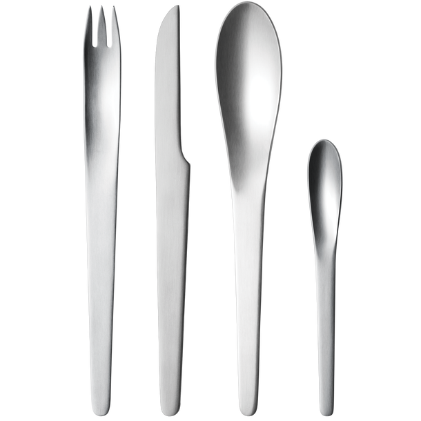 ARNE JACOBSEN 4ピースカトラリーセット。ステンレススチール製。