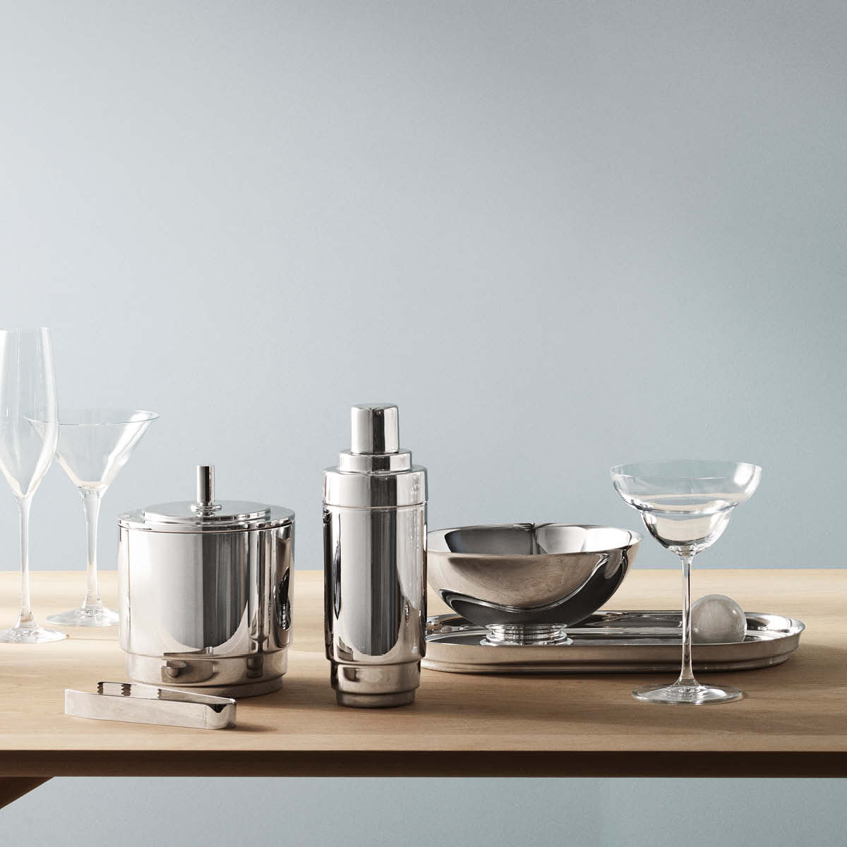 MANHATTAN ice bucket and tongs in Art Deco stainless steel
