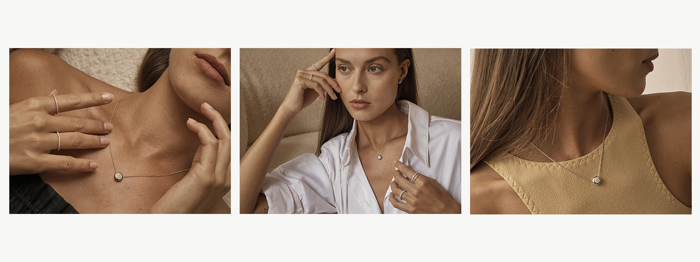 Grid image onmodel image featuring ring and necklace with pendants in 18 kt. gold sterling silver and diamond from the Centenary collection