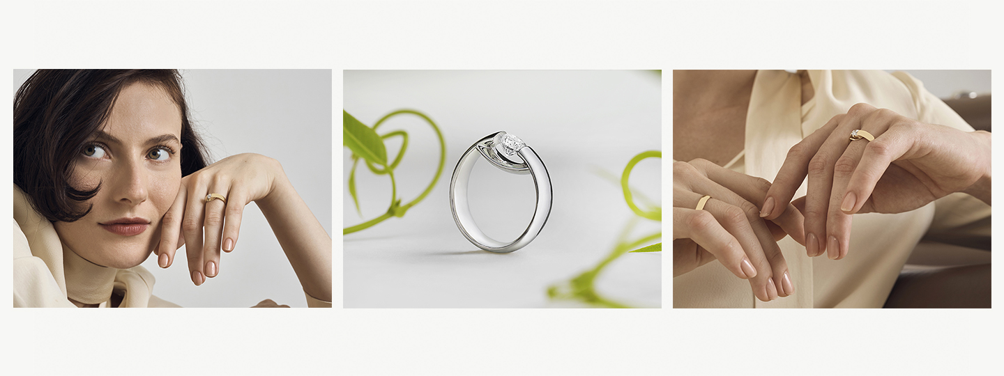 Grid image featuring on model and still life image of 18 kt. gold, sterling silver and diamond rings on Australian influencer model from the Centenary collection