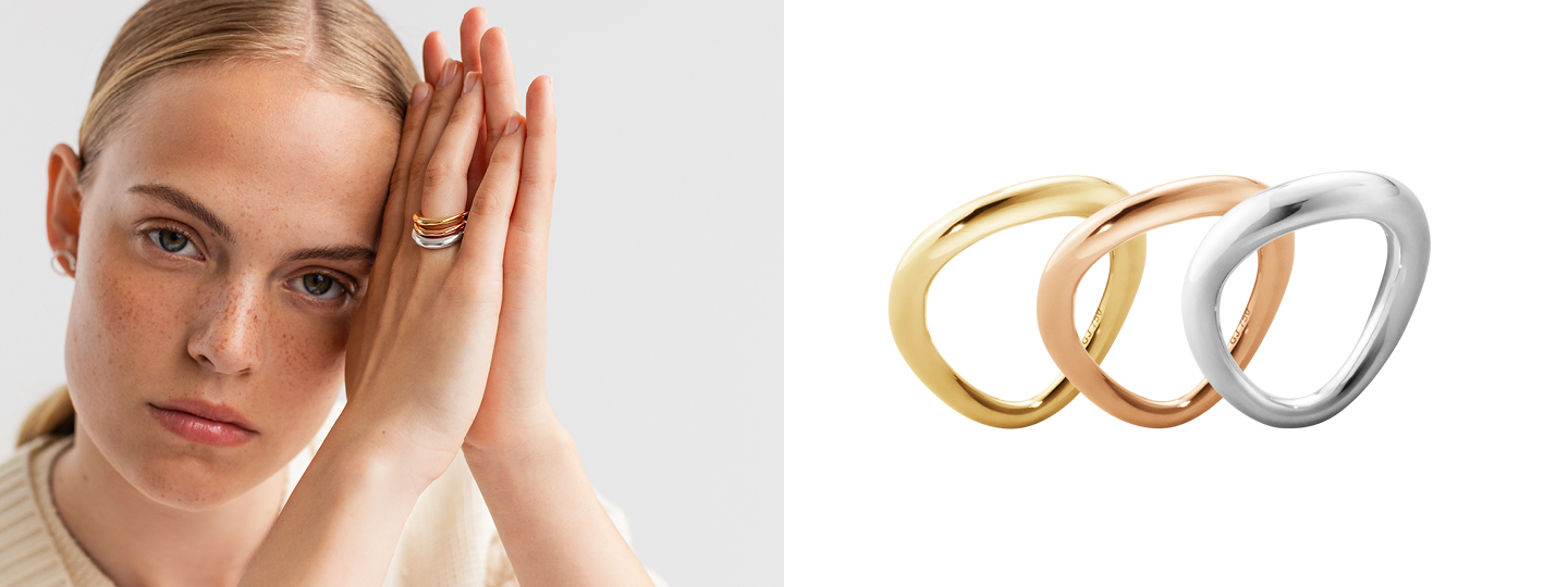 Mix of silver and gold rings styled together by Georg Jensen