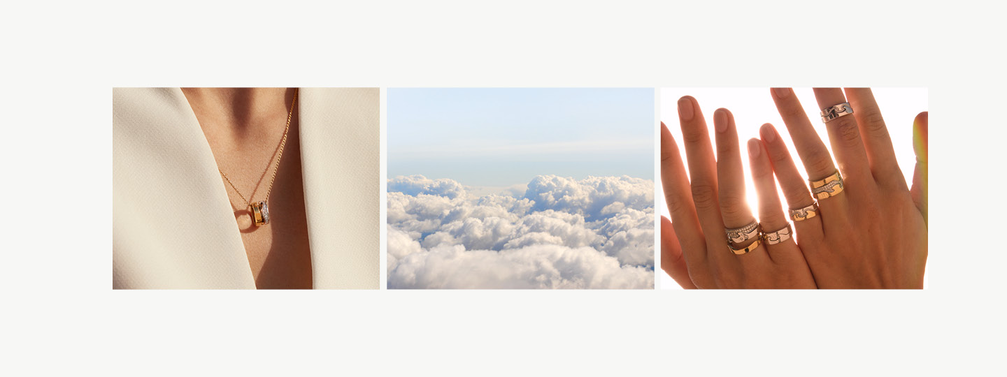 Grid image of Fusion collection pendant, nature clouds and ring combinations in 18kt. gold, Sterling Silver with diamonds and rosegold designed byNina Koppel