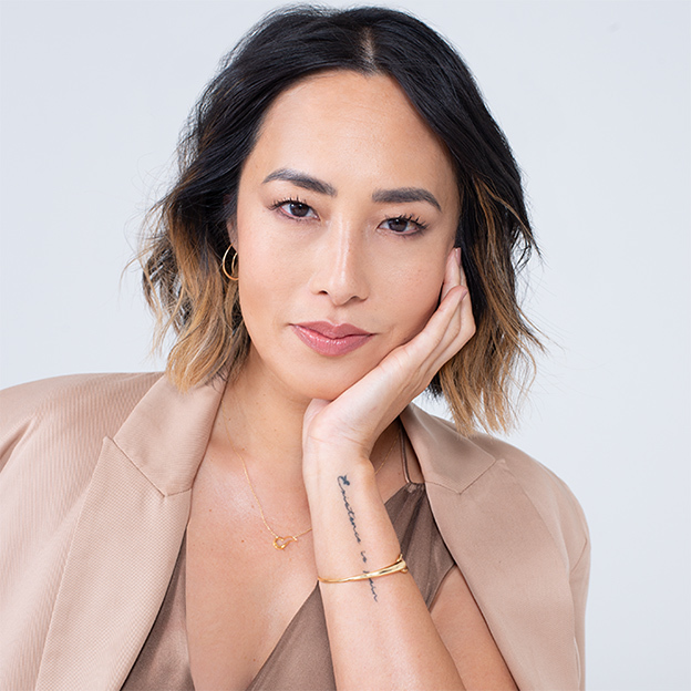 ocrf heart pendant and mercy bangle in 18 kr. yellow gold on melissa leong for OCRF campaign in partnership with georg jensen