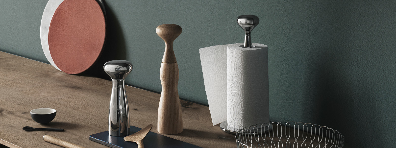 Mirror polished stainless steel kitchen roll holder, bread basket and salt and pepper set from the Alfredo collection