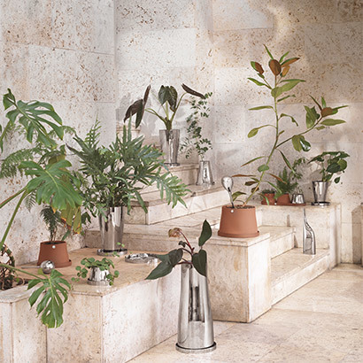 Vases and Planters in terracotta and polished Stainless Steel from the Terra Collection designed by Swedish designer Snøhetta