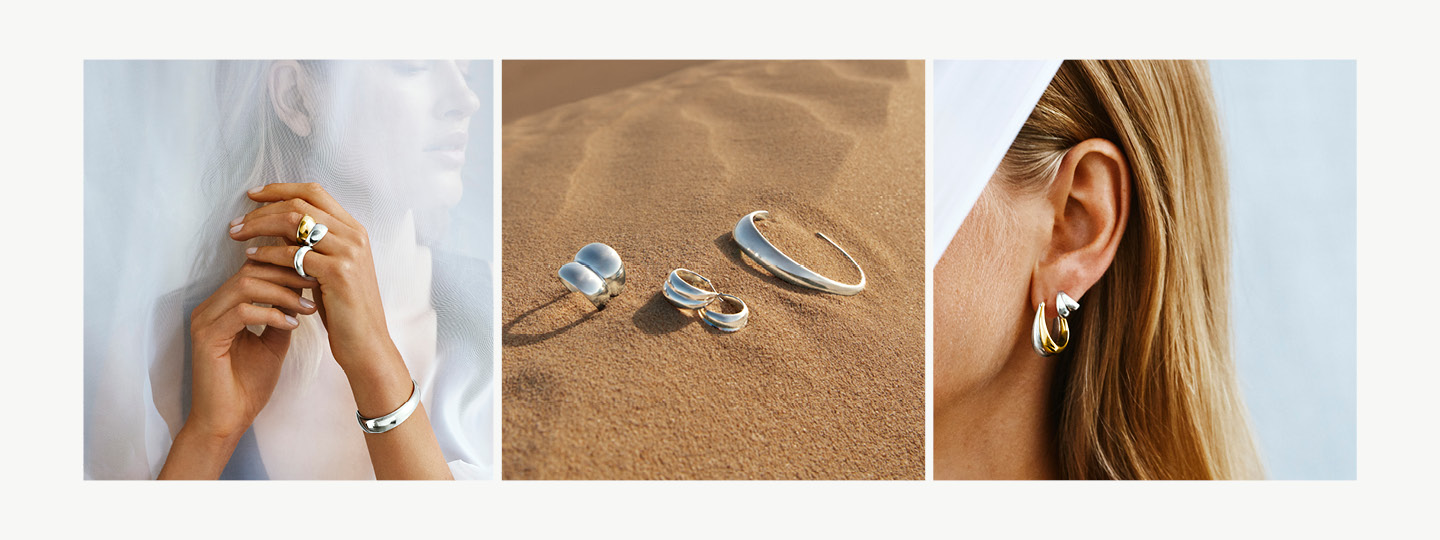 Grid image with Curve collection rings and earrings in 18 kt. gold and sterling silver on model