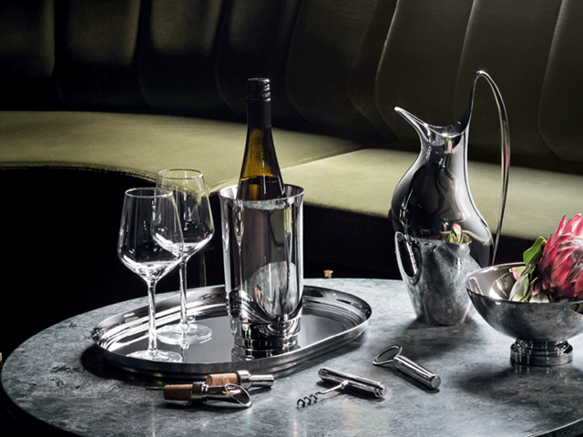 HK pitcher, Manhattan wine cooler, wine pourer, corkscrew, tray, bottle opener, bowl (medium) and wine stopper