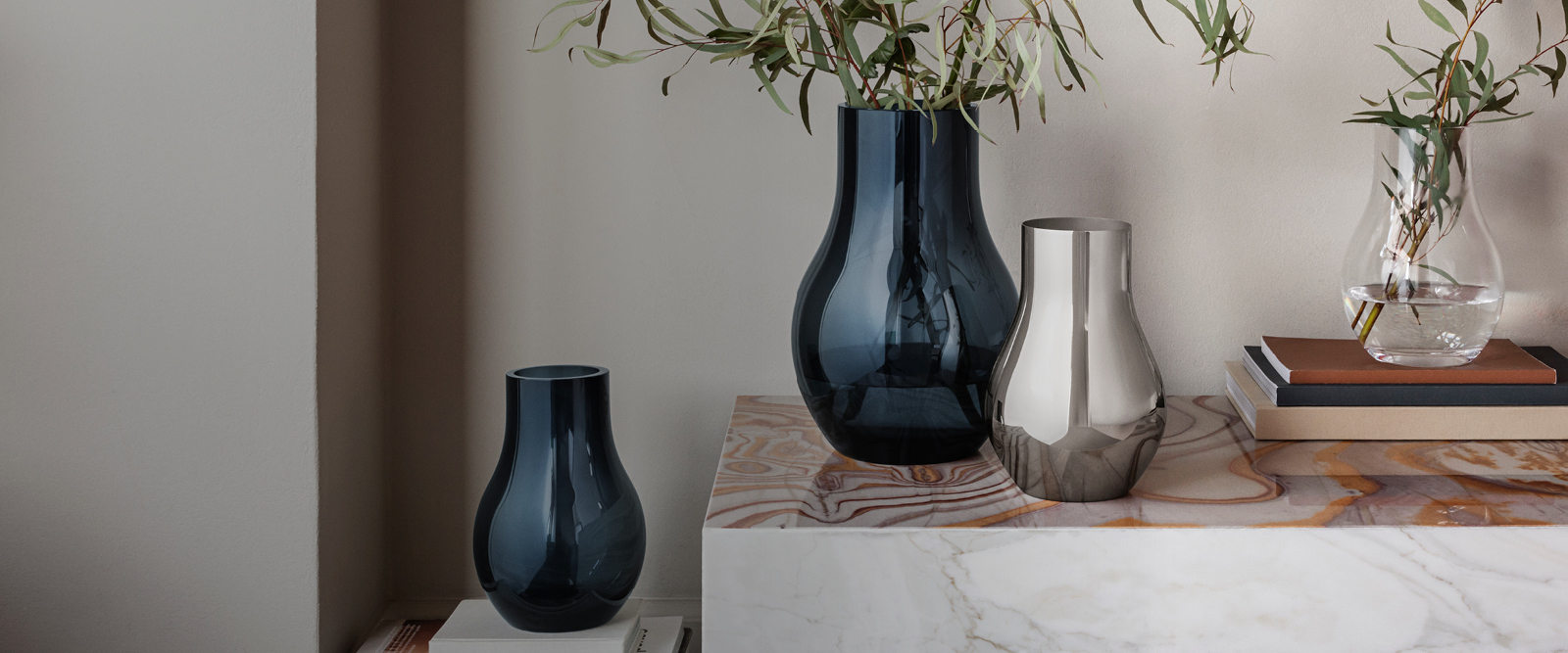 Georg Jensen Cafu collection vases in blue transparent color and stainless steel