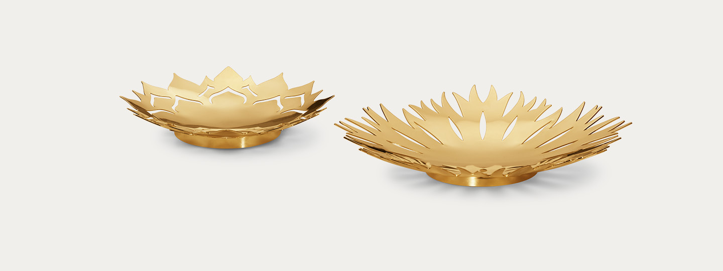 Frozen Flowers bowls Christmas table decorations in gold designed by Georg Jensen