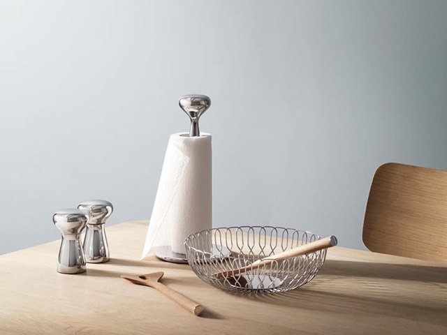 Alfredo salt and pepper, kitchen roll holder and bread basket mirror polished stainless steel and Alfredo salad servers in oak wood