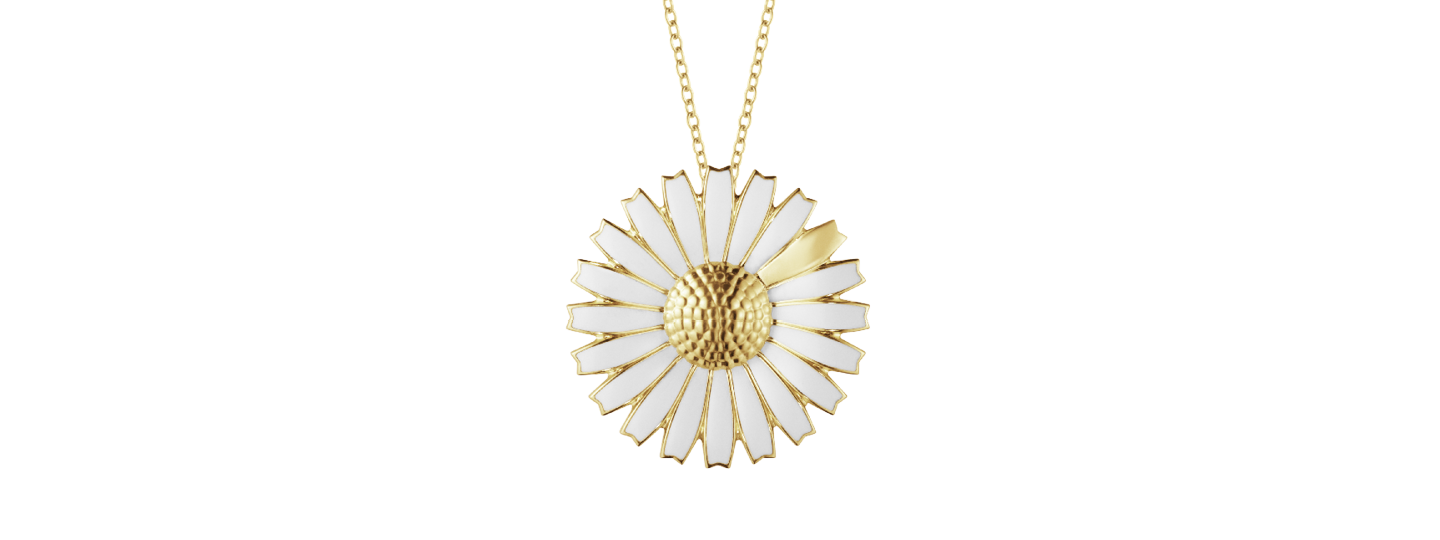 Georg Jensen 18kt gold plated sterling silver necklace with white enamel brooch pendant in flower shape from Daisy collection