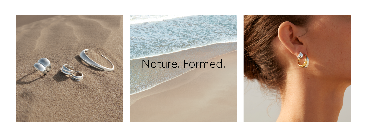 Georg Jensen Curve collection sterling silver bangle ring earrings in 18kt. yellow gold and seaside with nature formed slogan