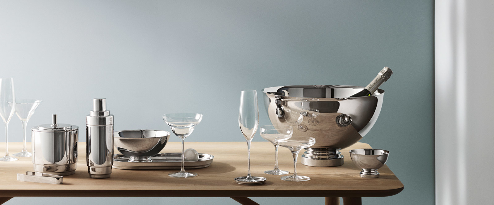 Georg Jensen Scandinavian design Manhattan collection polished stainless steel bowl ice bucket shaker serving tray