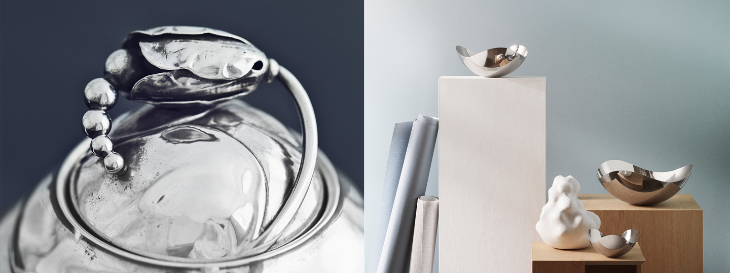 Grid image of Georg Jensen Fine Silverware ornament and mirror polished stainless steel bowls from the Bloom collection