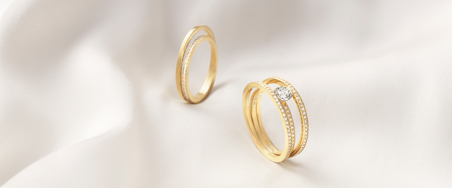 Rings in 18 kt yellow gold and diamonds designed by Sophie Bille Brahe for the Halo collection at Georg Jensen