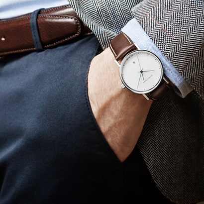 Georg Jensen Koppel collection automatic mens luxury designer watch with brown calfskin leather strap and white dial