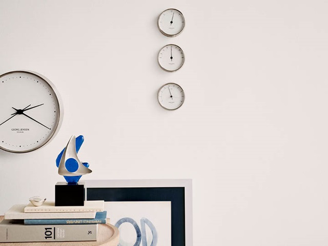 Koppel wall clock, thermometer, barometer, hygrometer in stainless steel with white dial