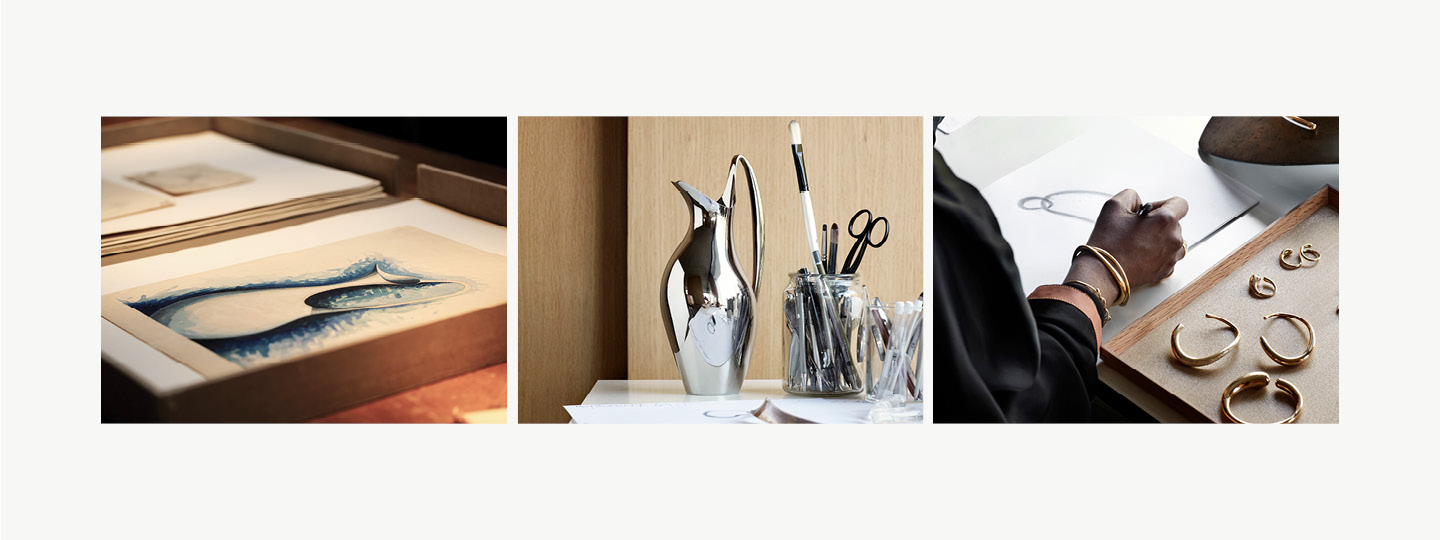 Grid image of a Henning Koppel Pitcher in mirror polished stainless steel together with designer Jacqueline Rabuns Offspring bangles in 18kt. gold