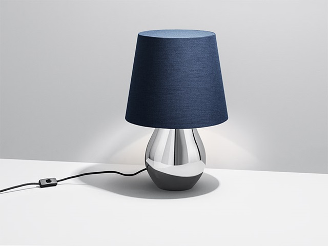 Table lamp from the Cafu collection in polished stainless steel and blue fabric designed by Holmbäck Nordentoft