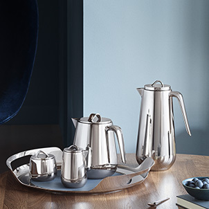 Mirror polished stainless steel coffee and tea pitchers and milk jug from the Helix collection