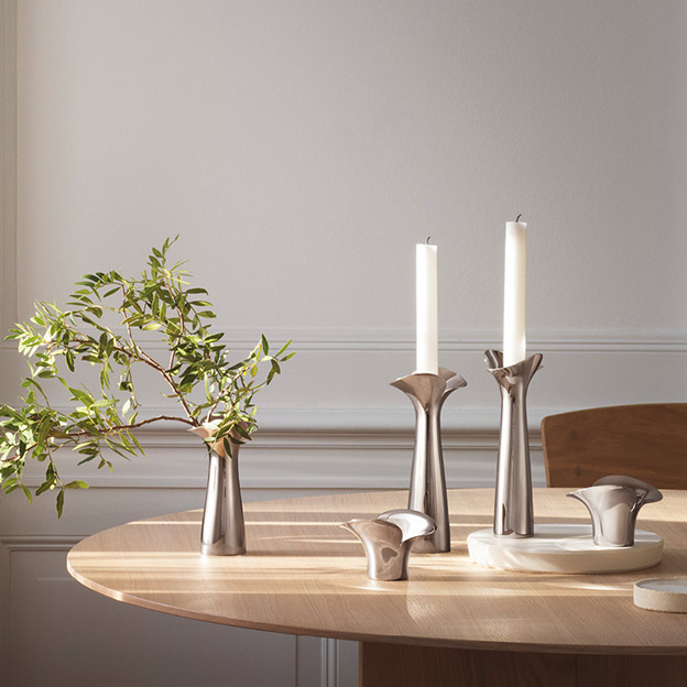 Bloom and Botanica collection Danish design mirror polished stainless steel tealight candleholders and vase by Georg Jensen 