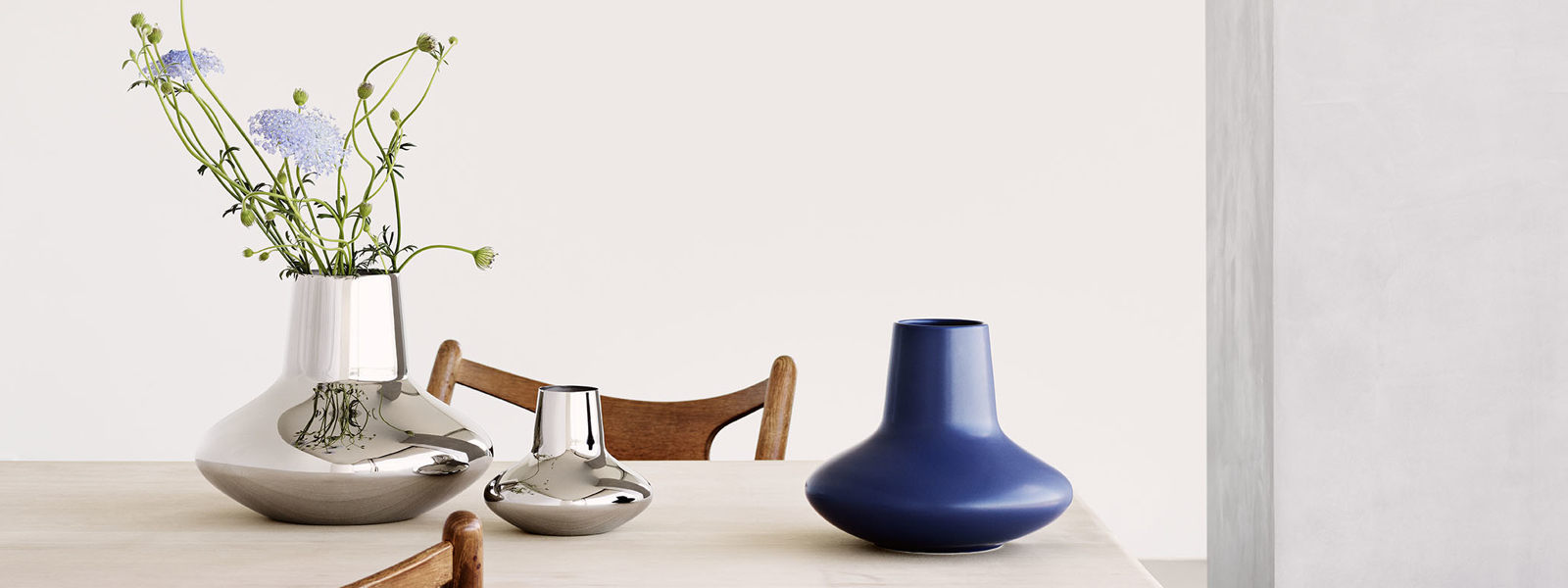 Georg Jensen Scandinavian design Koppel collection blue stoneware mirror polished stainless steel vase small medium large