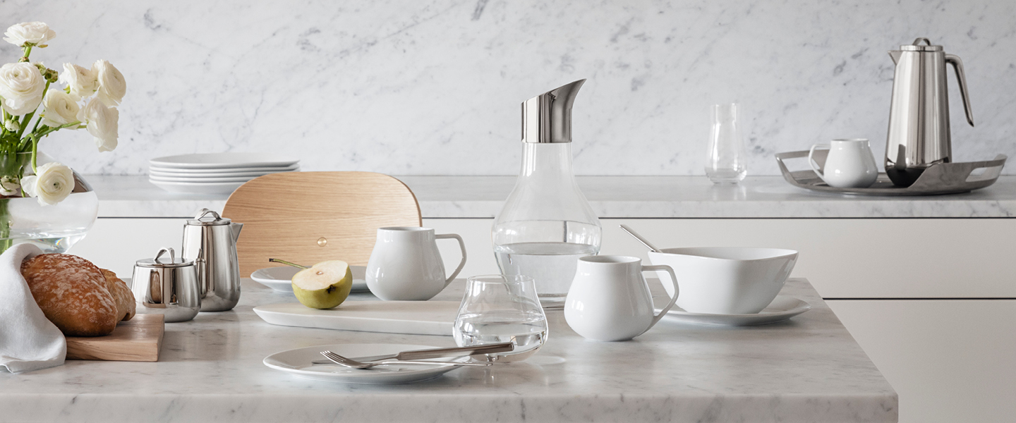 Mug, bowl and pitcher from the Sky collection designed by Aurélien Barbry at Georg Jensen