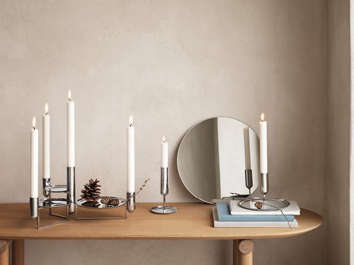 Tunes Centerpiece and Candle Holders high and low in mirror polished stainless steel 