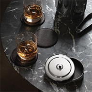 Black leather coasters with mirror polished stainless steel tray from the Manhattan collection with a 