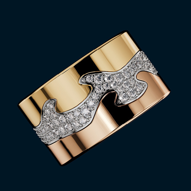 Fusion white, red and yellow gold ring with diamonds designed by Georg Jensen