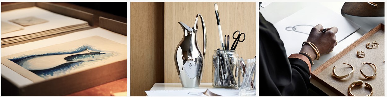 Grid image of a Henning Koppel Pitcher in mirror polished stainless steel together with designer Jacqueline Rabuns Offspring bangles in 18kt. gold