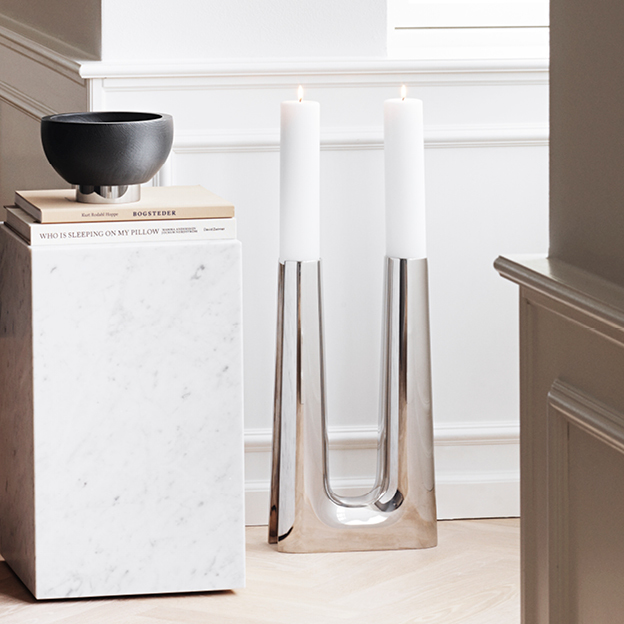 Mirror polished stainless steel floor candle holder from the Copenhagen collection