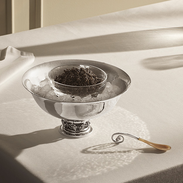 Caviar bowl in sterling silver and spoon crafted in horn by Georg Jensen