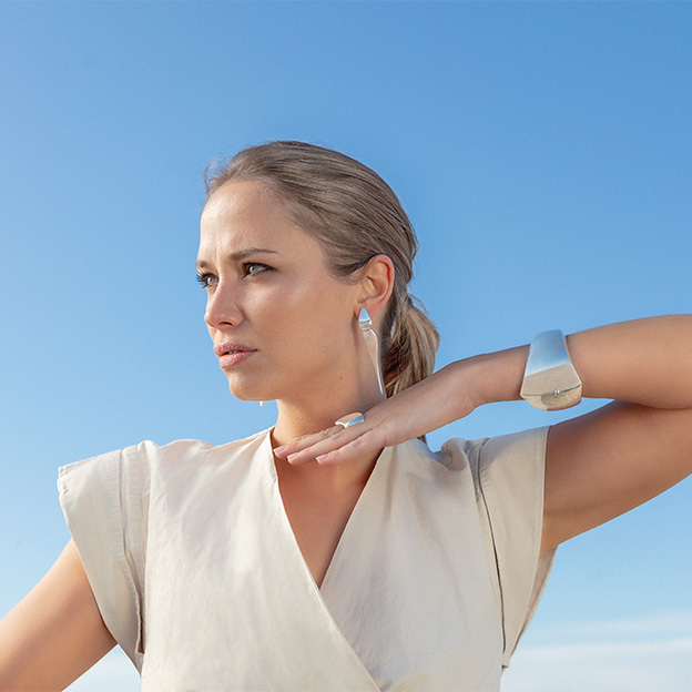 Oxidized sterling silver earring, ring and bracelet on model from the Nanna Ditzel Capsule collection