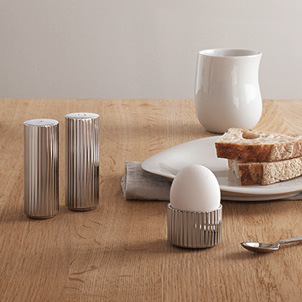Georg Jensen Scandinavian design mirror polished salt and pepper grinder and egg cups from Bernadotte collection