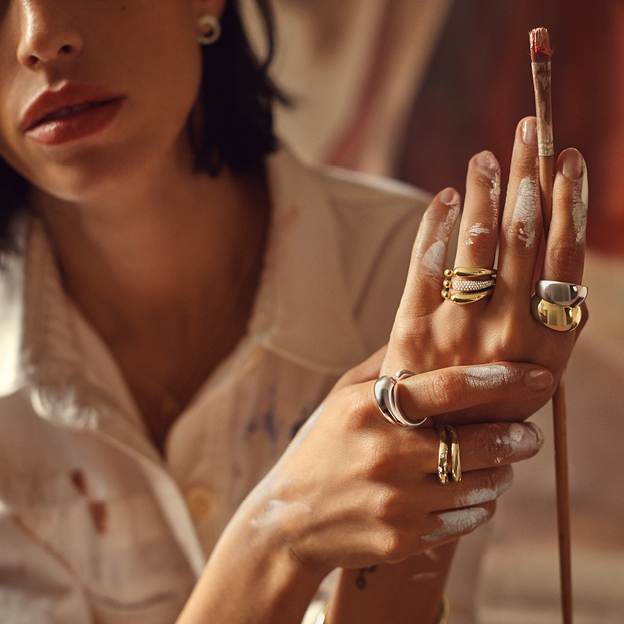 Gold and sterling silver rings from Georg Jensen styled on painter Malù Dalla Piccola