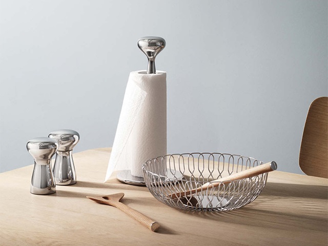 Alfredo collection from Georg Jensen containing salt & pepper set, salad servers in oak, kitchen roll holder and bowl in stainless steel