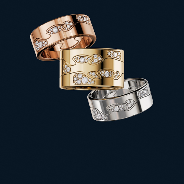 18 kt. yellow gold, rose gold, sterling silver and diamonds ring combinations from the Fusion collection inspired by Nina Koppel