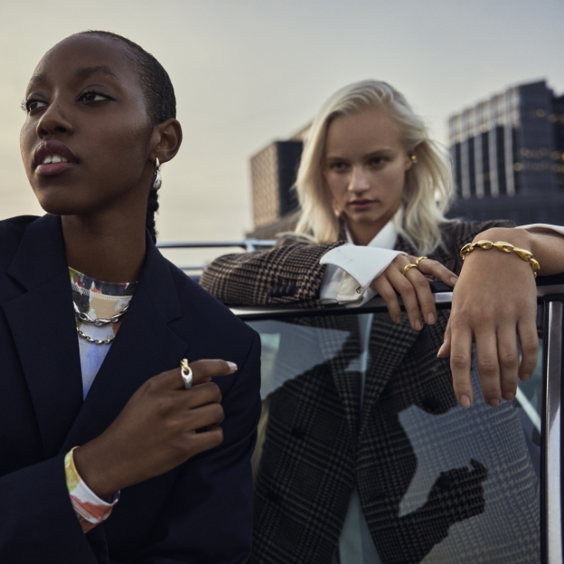 Ring, bracelet, necklace and earcuffs in 18 kt recycled gold and sterling silver designed by Jacqueline Rabun for the Reflect Collection