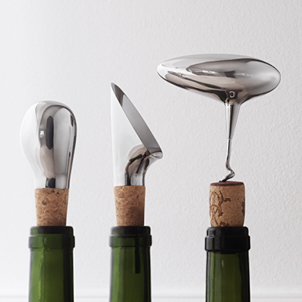 Georg Jensen Sky collection mirror polished stainless steel wine stopper pourer and corkscrew ergonomic designer bar tools 