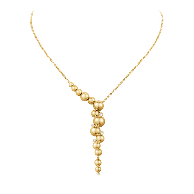 Grapes inspired 18 kt. gold necklace with pendant pack shot from the Moonlight Grapes collection by Georg Jensen