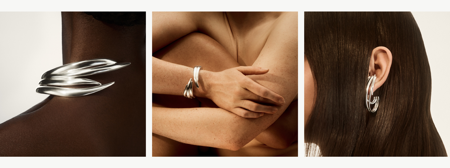 Hair accessories, bracelet and earring in sterling silver from the ARC Collection at Georg Jensen