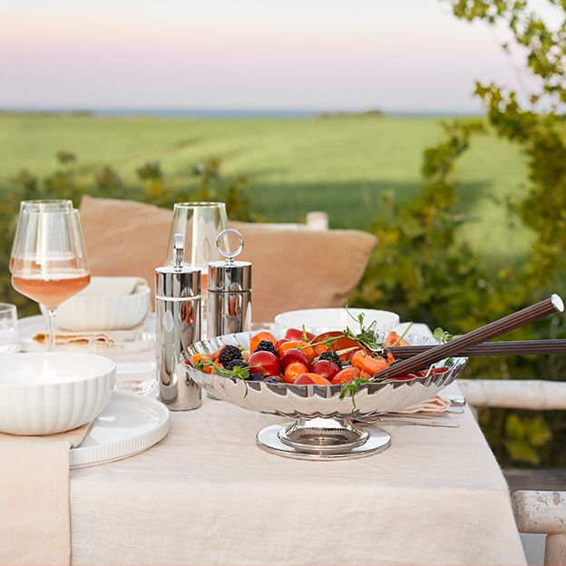 Georg Jensen outdoor tablesetting from the Bernadotte collection in polished stainless steel