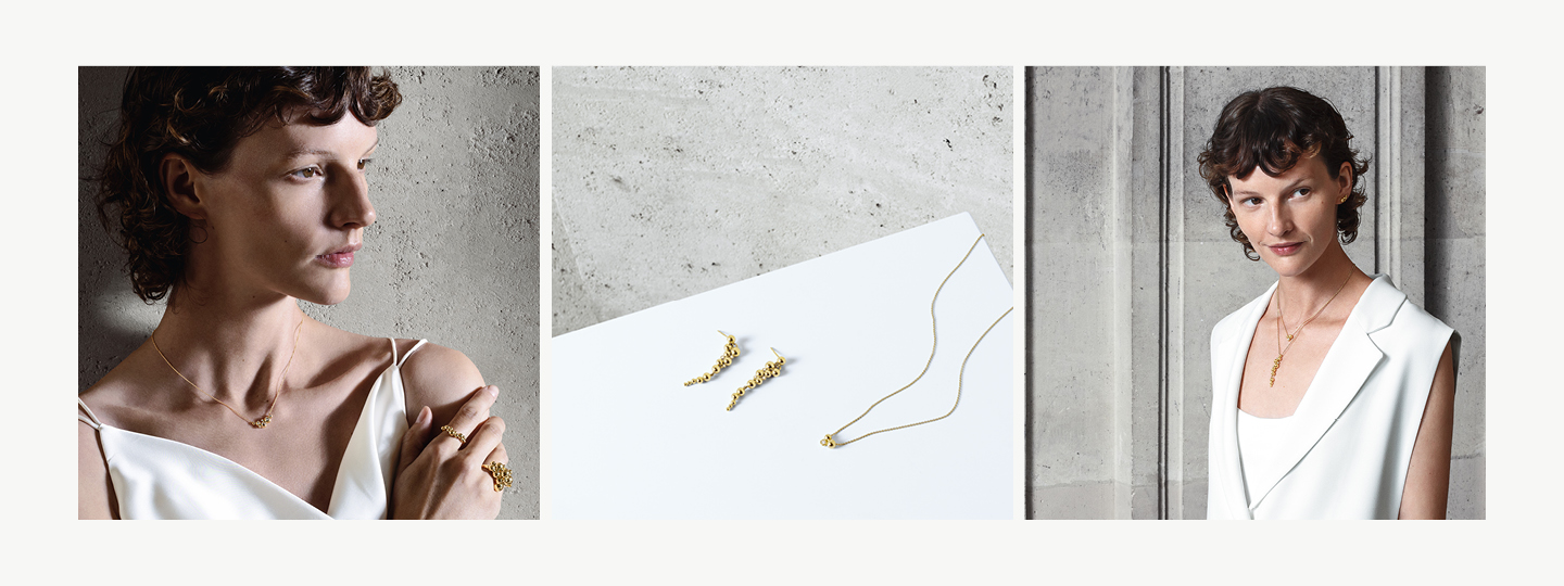 18 kt gold necklace and earrings from Moonlight Grapes collection by Georg Jensen