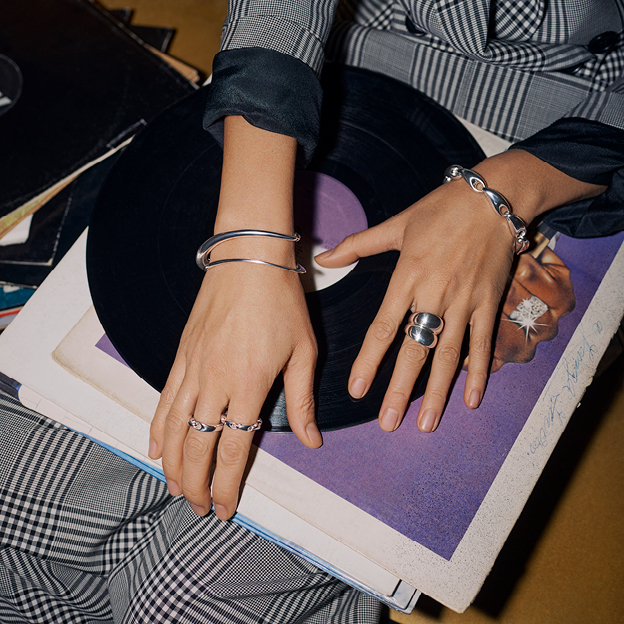 Sterling silver rings and bangles from the Curve, Offspring and Reflect collections